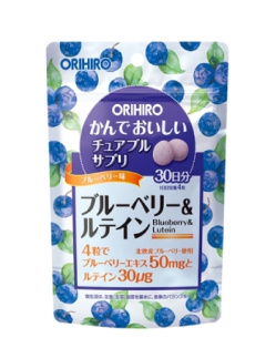 Orihiro Жевательные витамины для зрения,  вкус черники и лютеина, 30 дней